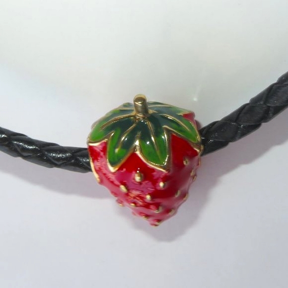 Cute Enamel Strawberry "Summer Delight" Necklace On Black Woven Leather Cord - Picture 4 of 8